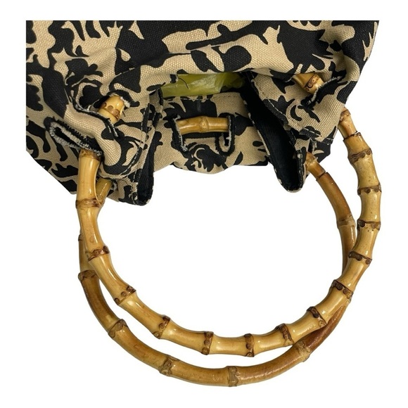 Vintage Black & Tan Tropical Print Purse with Bamboo Handles Hand Bag - Picture 5 of 9